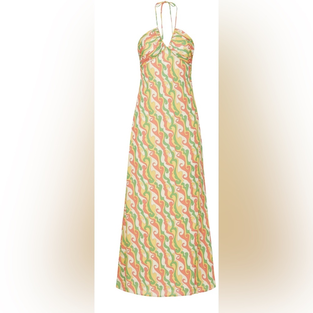 De La Vali Barbara Halter Maxi Dress in Peach, Green & Cream Size 10
